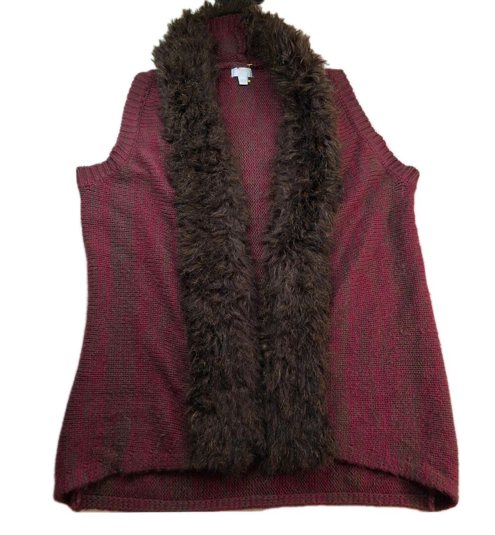 Knit Vest with Faux Fur Accent Size L Women's Red Brown Old Money Classic Preppy